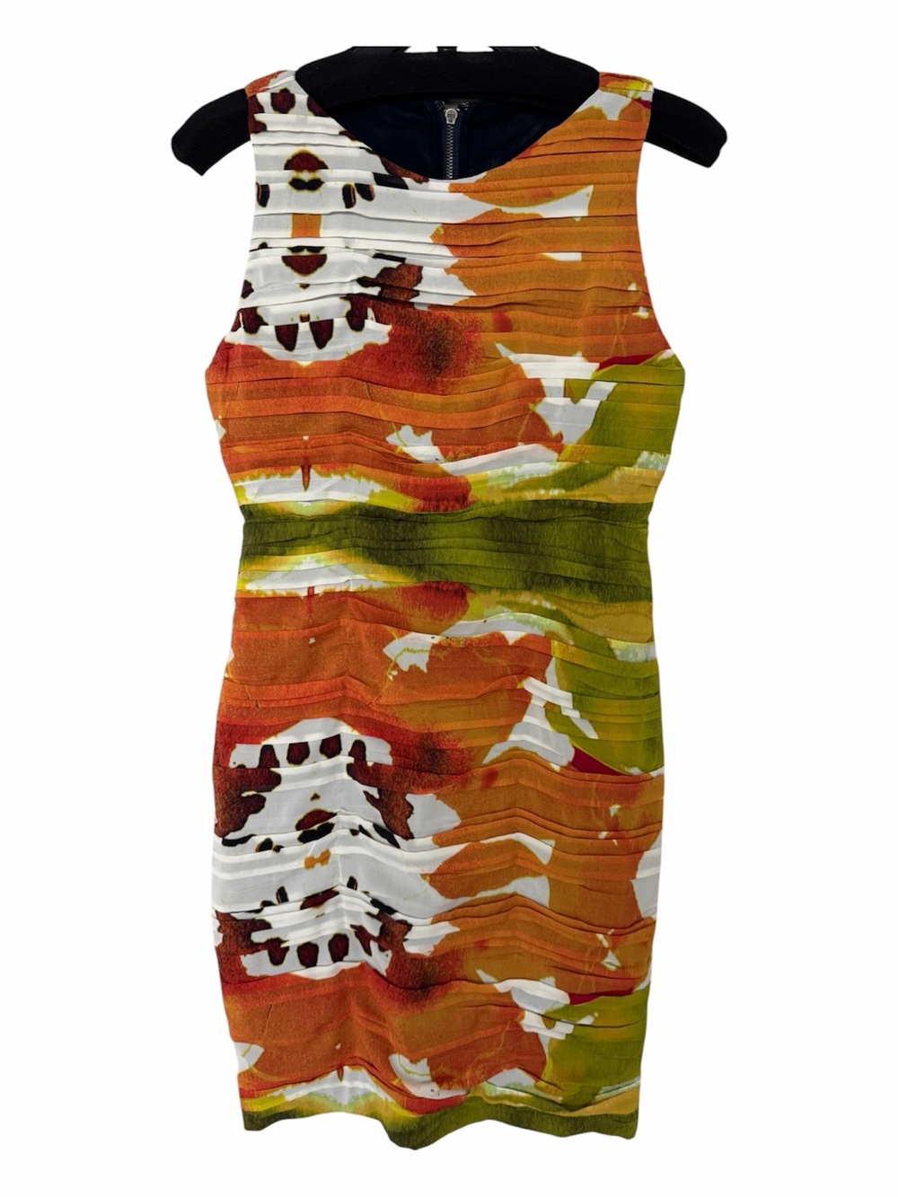 ✅ Alice + Olivia • Valerie Silk Ruched Mesh Orange White Green Dress